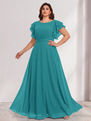 A-Line/Princess Scoop Short Sleeves Floor-Length Plus Size Bridesmaid Dresses with Ruffles & Ruched