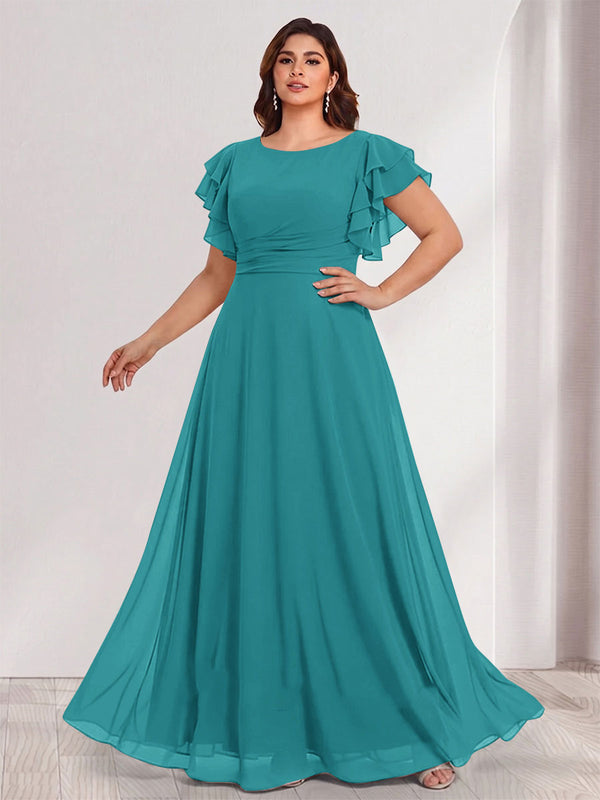 A-Line/Princess Scoop Short Sleeves Floor-Length Plus Size Bridesmaid Dresses with Ruffles & Ruched