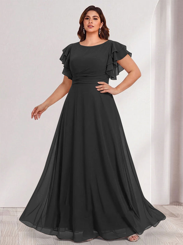 A-Line/Princess Scoop Short Sleeves Floor-Length Plus Size Bridesmaid Dresses with Ruffles & Ruched