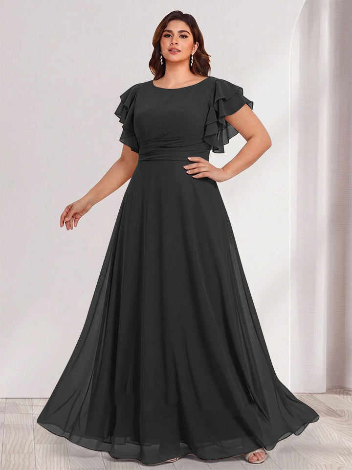 A-Line/Princess Scoop Short Sleeves Floor-Length Plus Size Bridesmaid Dresses with Ruffles &amp; Ruched