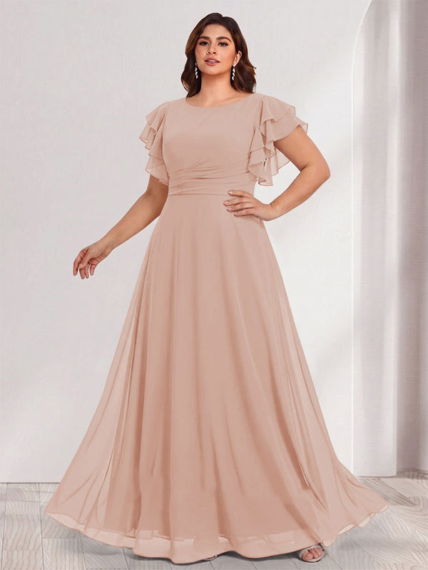 A-Line/Princess Scoop Short Sleeves Floor-Length Plus Size Bridesmaid Dresses with Ruffles & Ruched