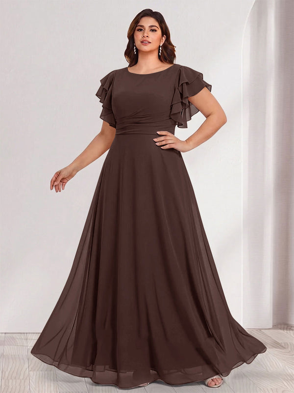 A-Line/Princess Scoop Short Sleeves Floor-Length Plus Size Bridesmaid Dresses with Ruffles & Ruched