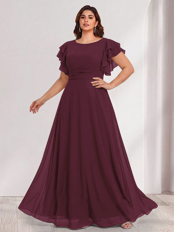 A-Line/Princess Scoop Short Sleeves Floor-Length Plus Size Bridesmaid Dresses with Ruffles & Ruched