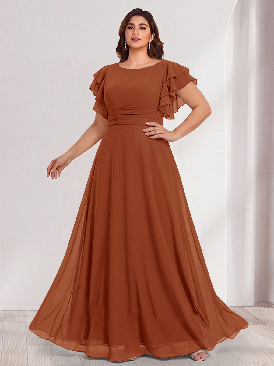 A-Line/Princess Scoop Short Sleeves Floor-Length Plus Size Bridesmaid Dresses with Ruffles &amp; Ruched