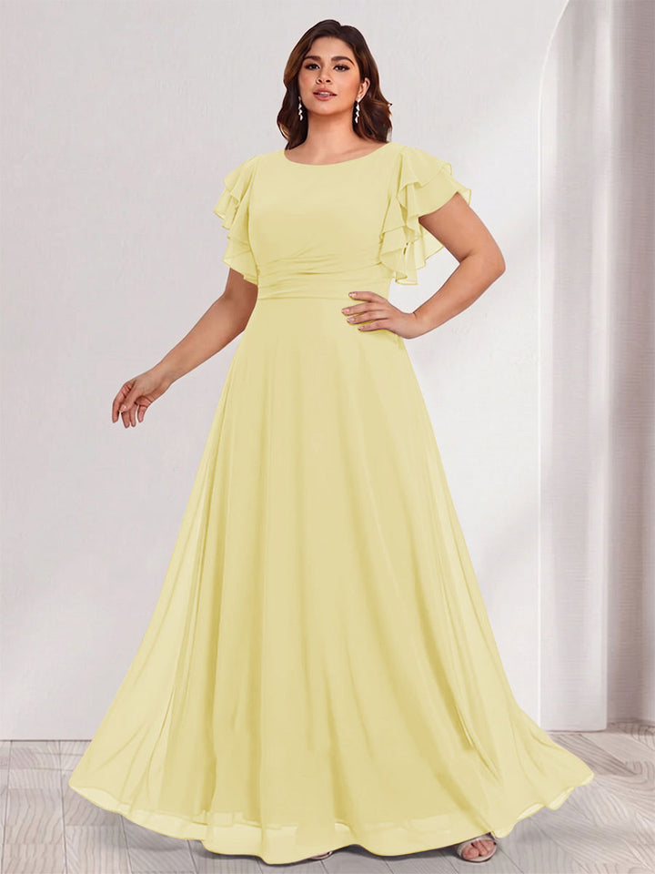 A-Line/Princess Scoop Short Sleeves Floor-Length Plus Size Bridesmaid Dresses with Ruffles &amp; Ruched