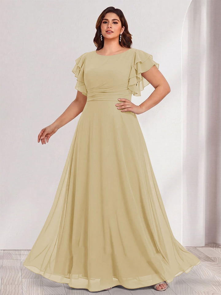 A-Line/Princess Scoop Short Sleeves Floor-Length Plus Size Bridesmaid Dresses with Ruffles &amp; Ruched