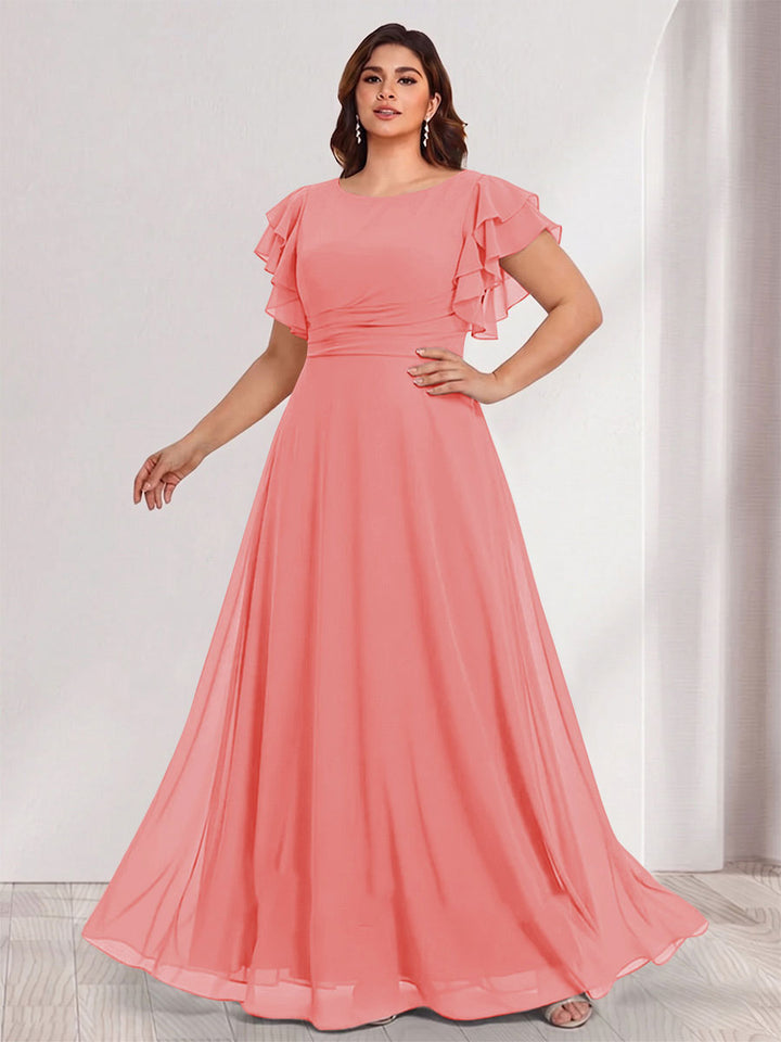 A-Line/Princess Scoop Short Sleeves Floor-Length Plus Size Bridesmaid Dresses with Ruffles &amp; Ruched