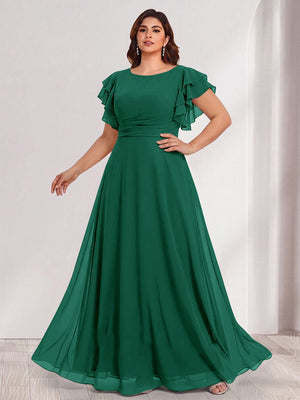 A-Line/Princess Scoop Short Sleeves Floor-Length Plus Size Bridesmaid Dresses with Ruffles & Ruched