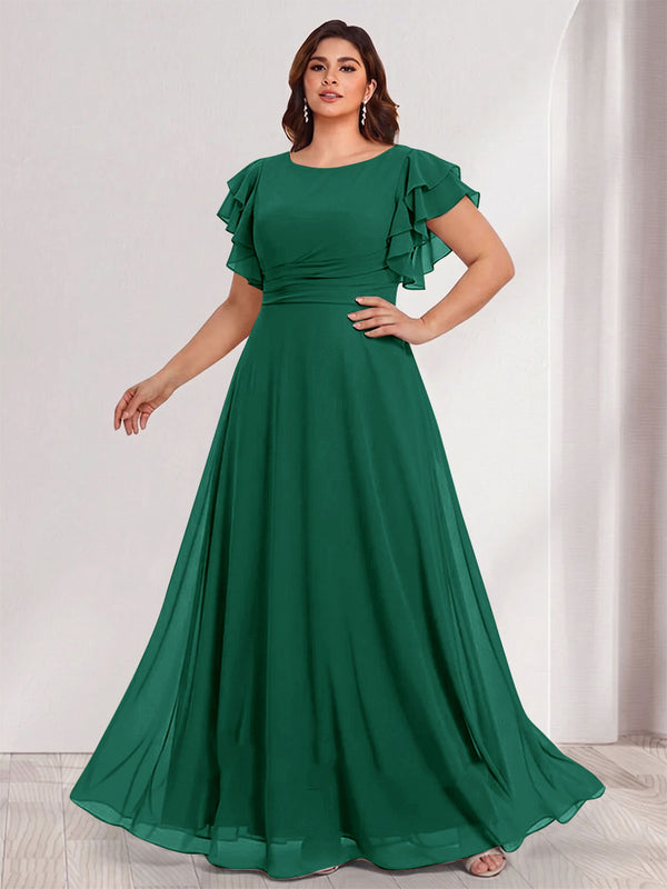 A-Line/Princess Scoop Short Sleeves Floor-Length Plus Size Bridesmaid Dresses with Ruffles & Ruched