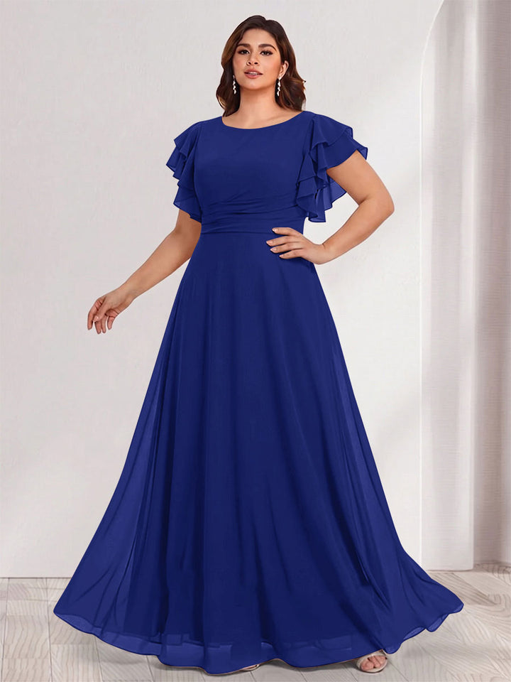 A-Line/Princess Scoop Short Sleeves Floor-Length Plus Size Bridesmaid Dresses with Ruffles &amp; Ruched