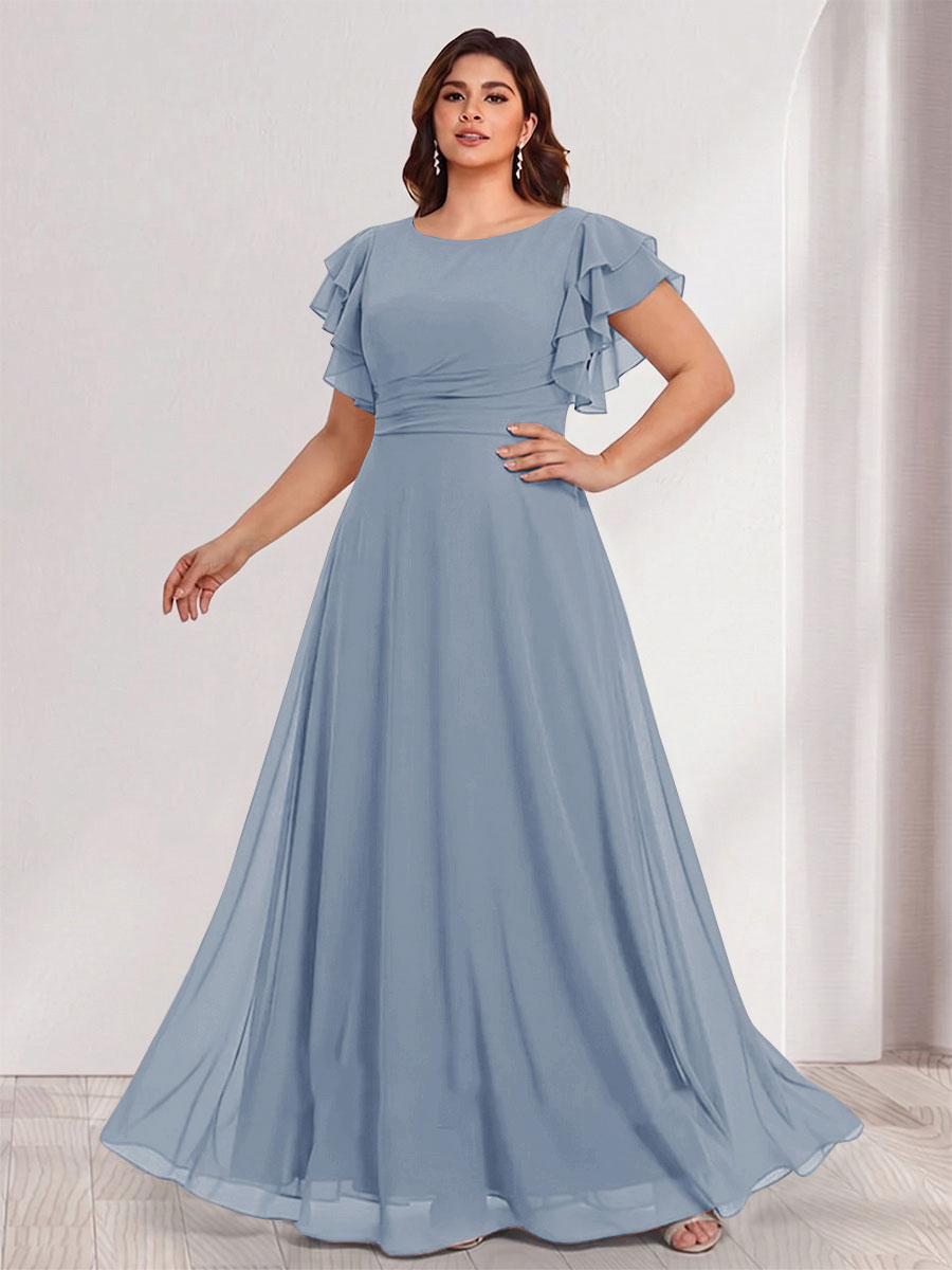 A-Line/Princess Scoop Short Sleeves Floor-Length Plus Size Bridesmaid Dresses with Ruffles &amp; Ruched