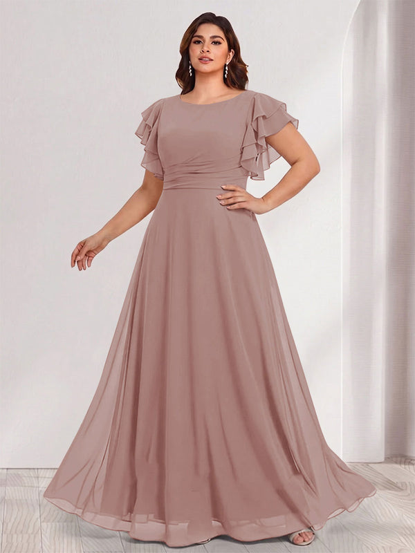 A-Line/Princess Scoop Short Sleeves Floor-Length Plus Size Bridesmaid Dresses with Ruffles & Ruched
