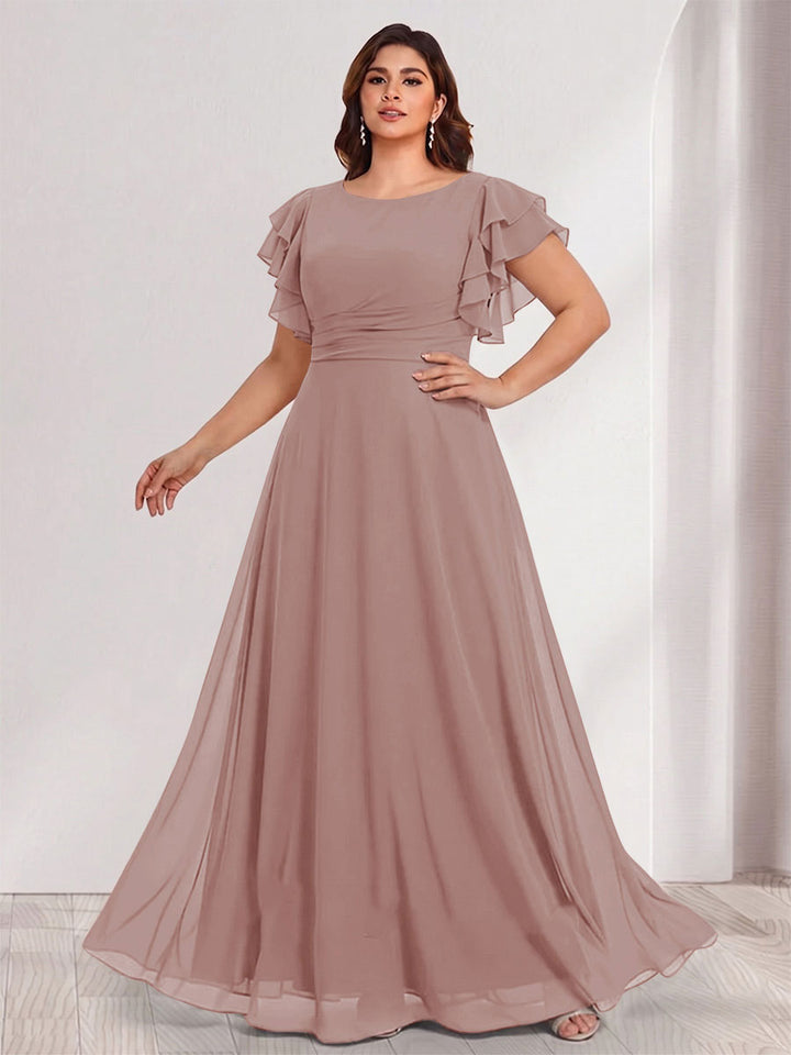 A-Line/Princess Scoop Short Sleeves Floor-Length Plus Size Bridesmaid Dresses with Ruffles &amp; Ruched