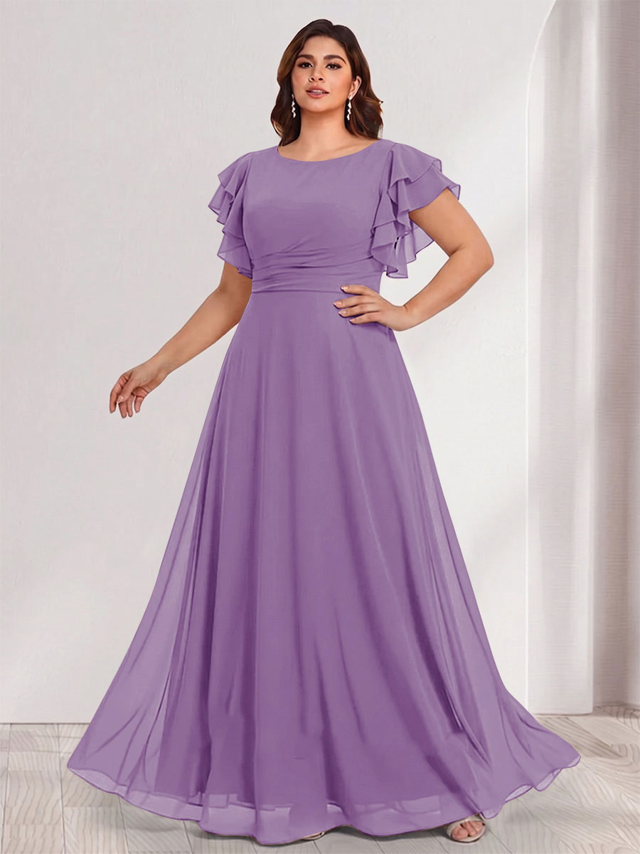 A-Line/Princess Scoop Short Sleeves Floor-Length Plus Size Bridesmaid Dresses with Ruffles &amp; Ruched
