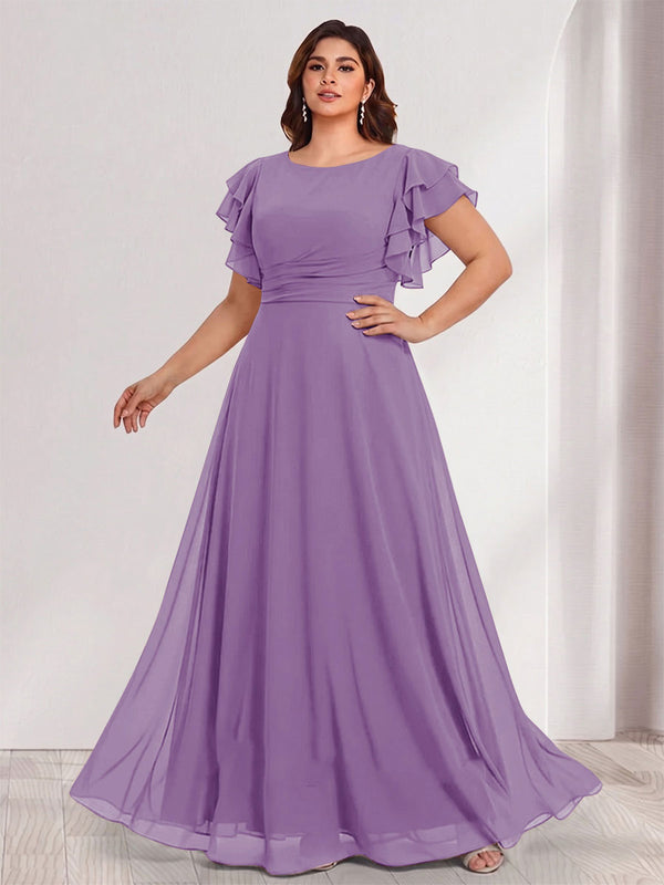 A-Line/Princess Scoop Short Sleeves Floor-Length Plus Size Bridesmaid Dresses with Ruffles & Ruched