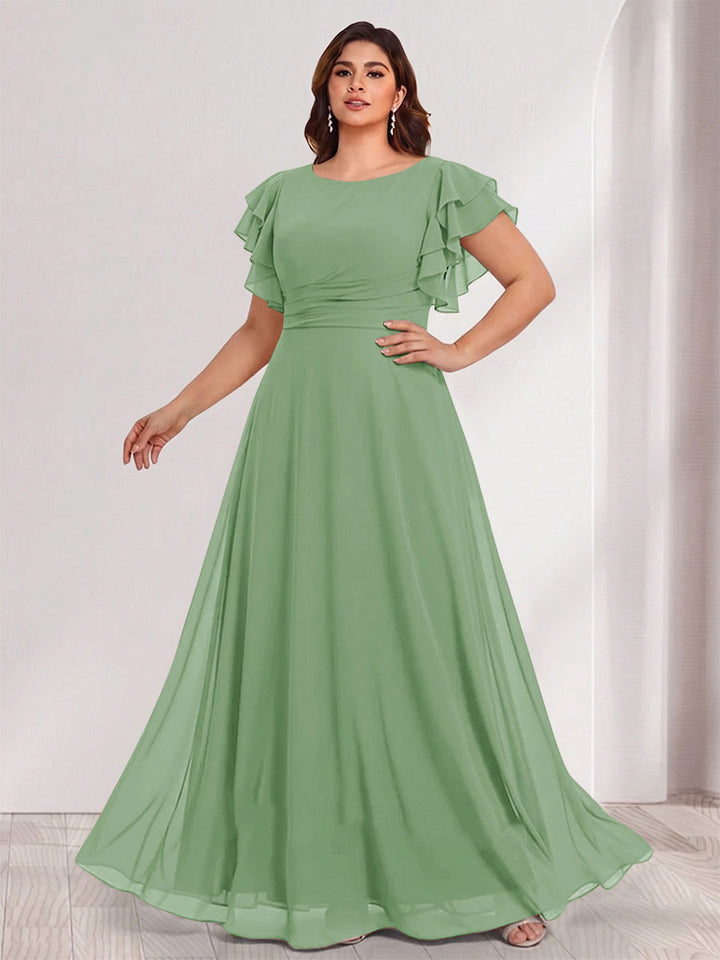 A-Line/Princess Scoop Short Sleeves Floor-Length Plus Size Bridesmaid Dresses with Ruffles &amp; Ruched