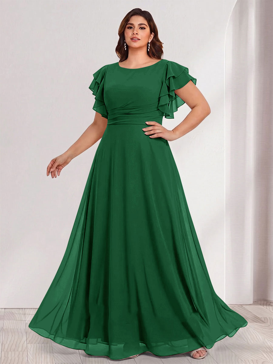A-Line/Princess Scoop Short Sleeves Floor-Length Plus Size Bridesmaid Dresses with Ruffles &amp; Ruched