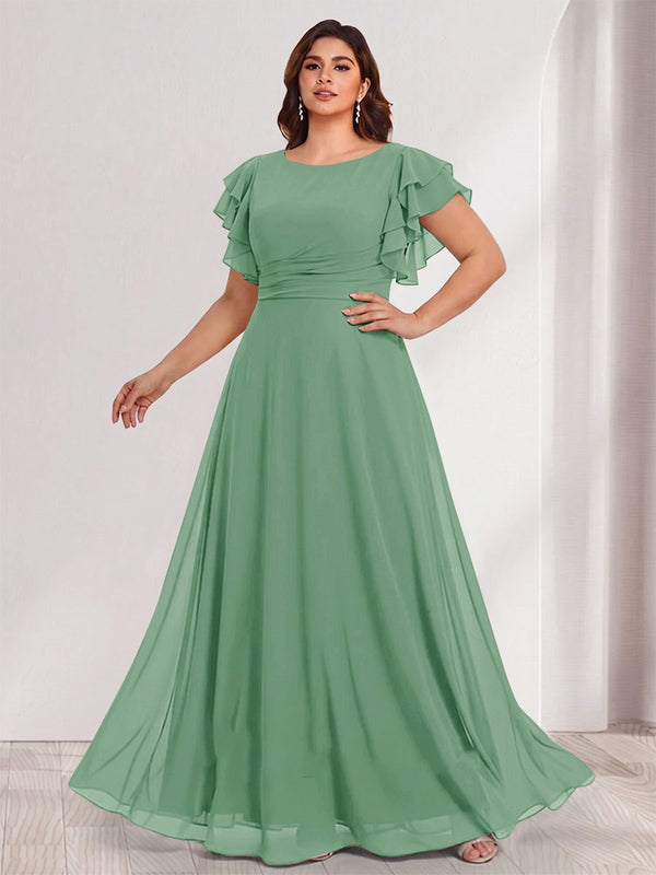A-Line/Princess Scoop Short Sleeves Floor-Length Plus Size Bridesmaid Dresses with Ruffles & Ruched