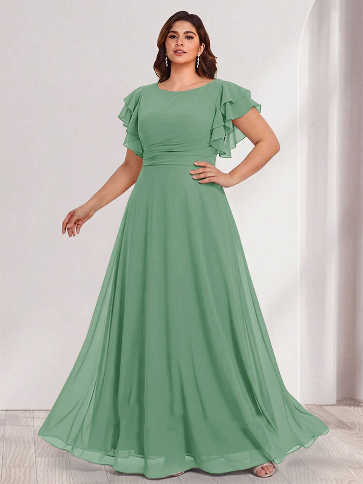 A-Line/Princess Scoop Short Sleeves Floor-Length Plus Size Bridesmaid Dresses with Ruffles &amp; Ruched