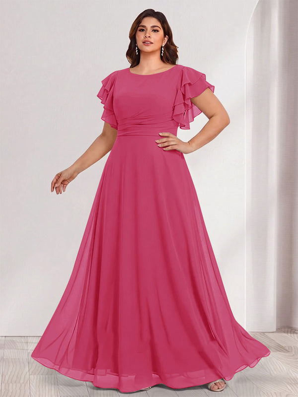 A-Line/Princess Scoop Short Sleeves Floor-Length Plus Size Bridesmaid Dresses with Ruffles & Ruched