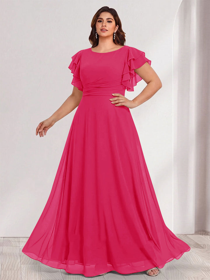 A-Line/Princess Scoop Short Sleeves Floor-Length Plus Size Bridesmaid Dresses with Ruffles &amp; Ruched