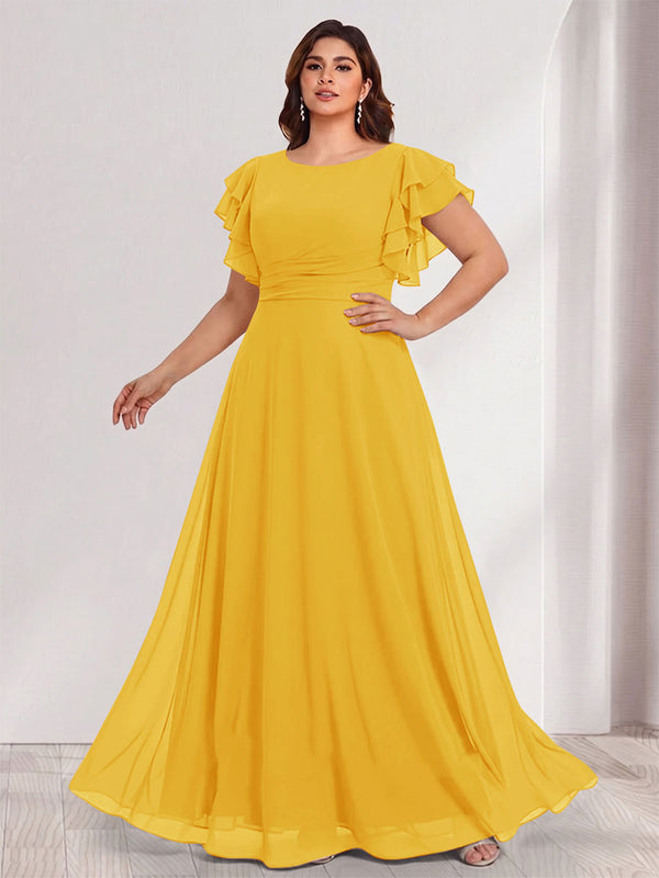 A-Line/Princess Scoop Short Sleeves Floor-Length Plus Size Bridesmaid Dresses with Ruffles & Ruched