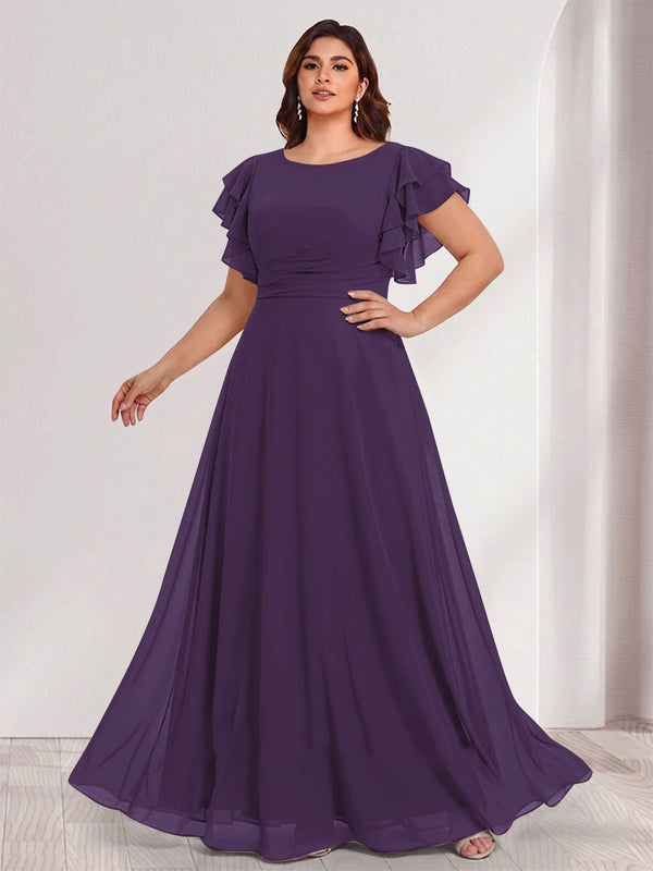 A-Line/Princess Scoop Short Sleeves Floor-Length Plus Size Bridesmaid Dresses with Ruffles & Ruched