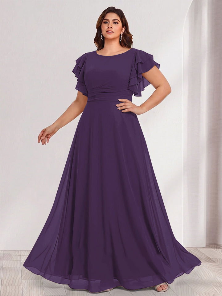 A-Line/Princess Scoop Short Sleeves Floor-Length Plus Size Bridesmaid Dresses with Ruffles &amp; Ruched