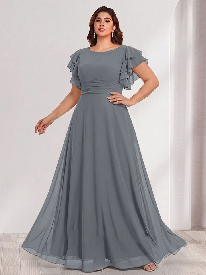 A-Line/Princess Scoop Short Sleeves Floor-Length Plus Size Bridesmaid Dresses with Ruffles &amp; Ruched