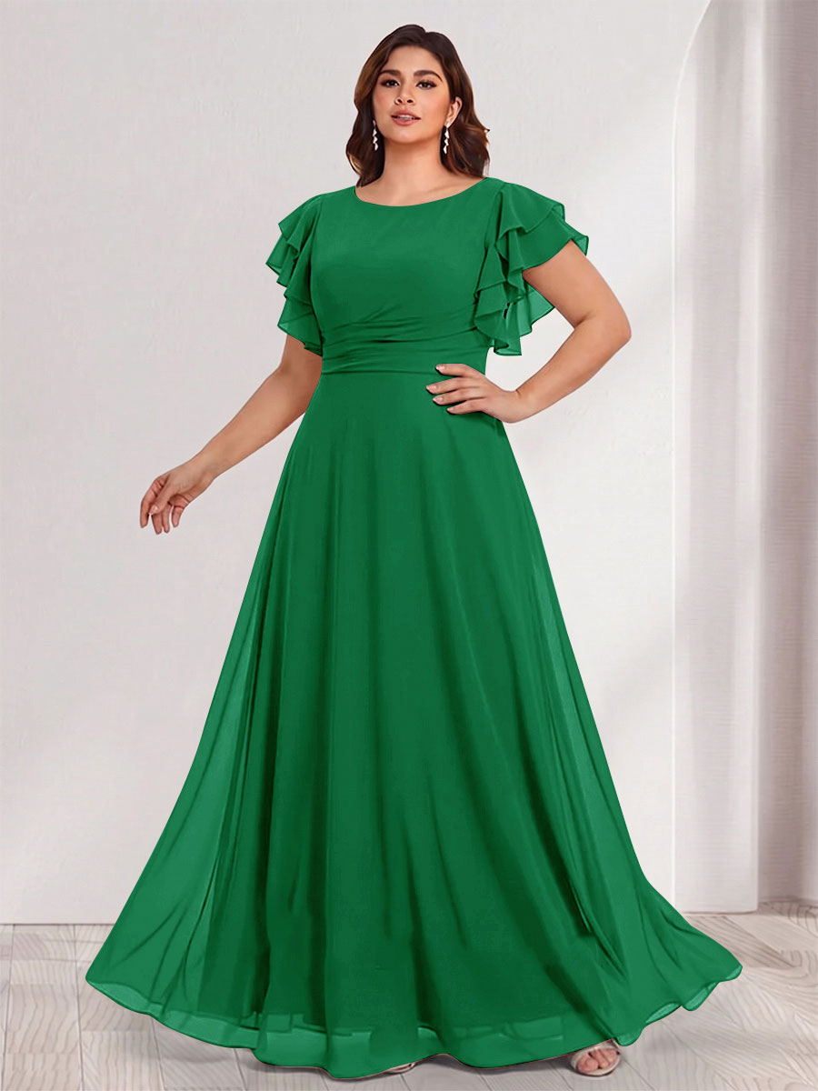 A-Line/Princess Scoop Short Sleeves Floor-Length Plus Size Bridesmaid Dresses with Ruffles &amp; Ruched