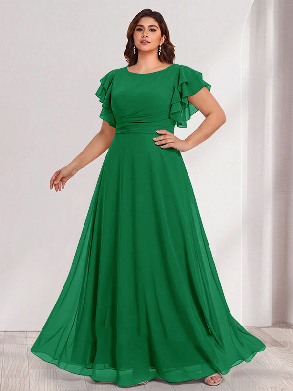 A-Line/Princess Scoop Short Sleeves Floor-Length Plus Size Bridesmaid Dresses with Ruffles & Ruched