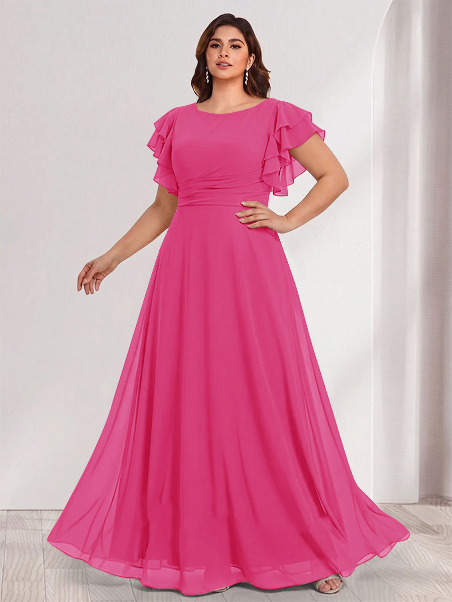 A-Line/Princess Scoop Short Sleeves Floor-Length Plus Size Bridesmaid Dresses with Ruffles &amp; Ruched