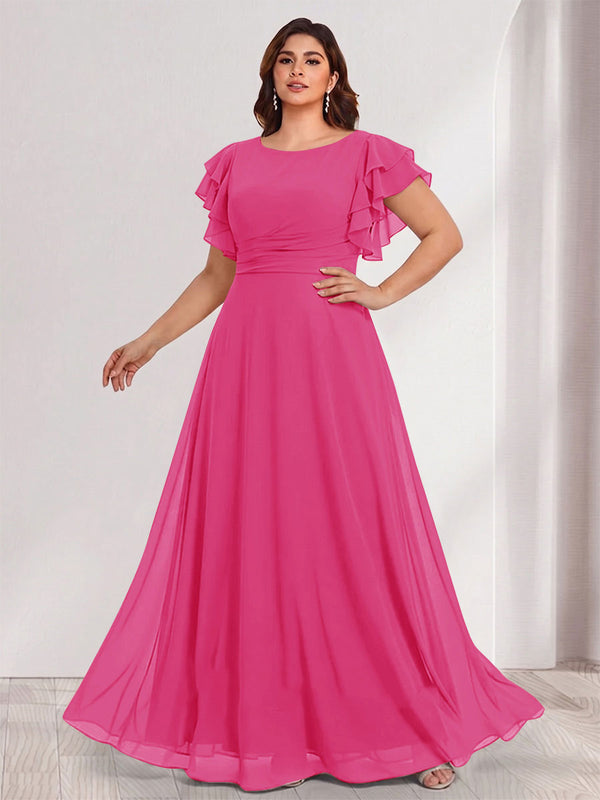 A-Line/Princess Scoop Short Sleeves Floor-Length Plus Size Bridesmaid Dresses with Ruffles & Ruched