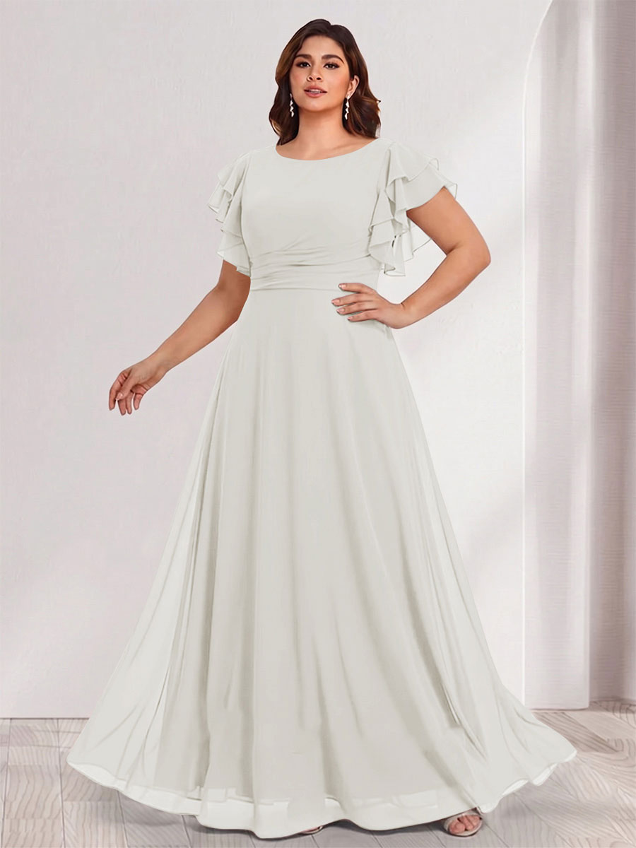 A-Line/Princess Scoop Short Sleeves Floor-Length Plus Size Bridesmaid Dresses with Ruffles &amp; Ruched