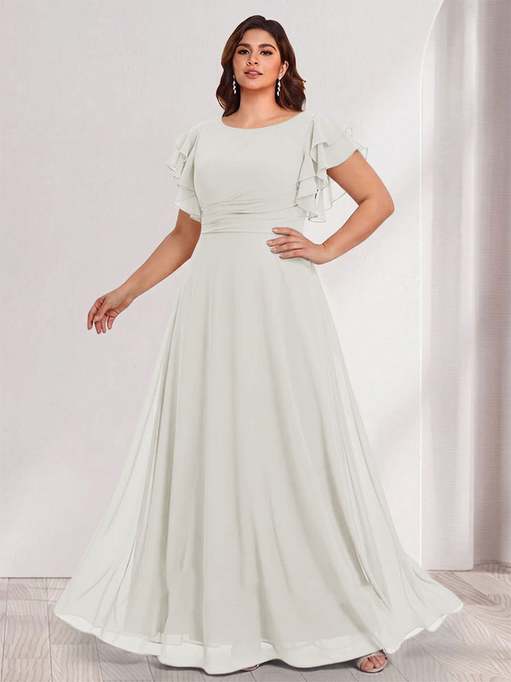 A-Line/Princess Scoop Short Sleeves Floor-Length Plus Size Bridesmaid Dresses with Ruffles &amp; Ruched