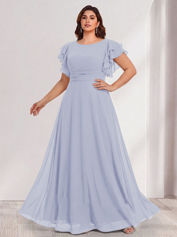 A-Line/Princess Scoop Short Sleeves Floor-Length Plus Size Bridesmaid Dresses with Ruffles & Ruched
