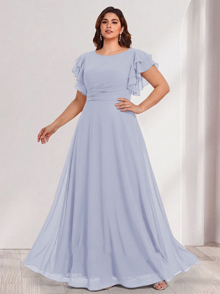 A-Line/Princess Scoop Short Sleeves Floor-Length Plus Size Bridesmaid Dresses with Ruffles &amp; Ruched