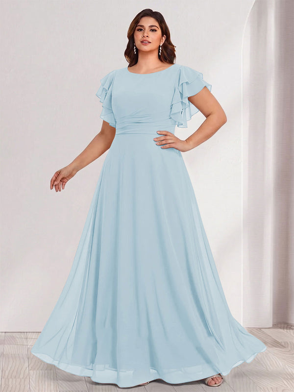 A-Line/Princess Scoop Short Sleeves Floor-Length Plus Size Bridesmaid Dresses with Ruffles & Ruched
