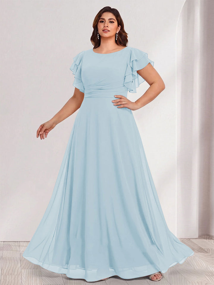 A-Line/Princess Scoop Short Sleeves Floor-Length Plus Size Bridesmaid Dresses with Ruffles &amp; Ruched