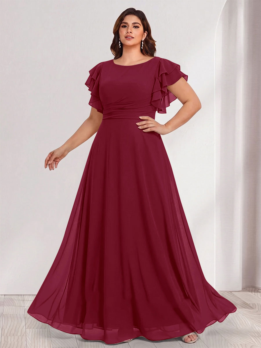 A-Line/Princess Scoop Short Sleeves Floor-Length Plus Size Bridesmaid Dresses with Ruffles &amp; Ruched