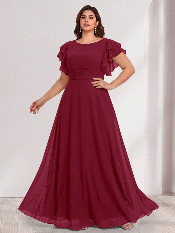 A-Line/Princess Scoop Short Sleeves Floor-Length Plus Size Bridesmaid Dresses with Ruffles & Ruched
