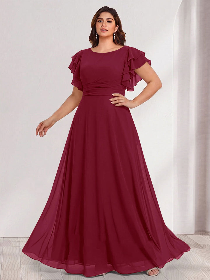 A-Line/Princess Scoop Short Sleeves Floor-Length Plus Size Bridesmaid Dresses with Ruffles &amp; Ruched