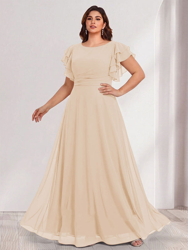 A-Line/Princess Scoop Short Sleeves Floor-Length Plus Size Bridesmaid Dresses with Ruffles & Ruched