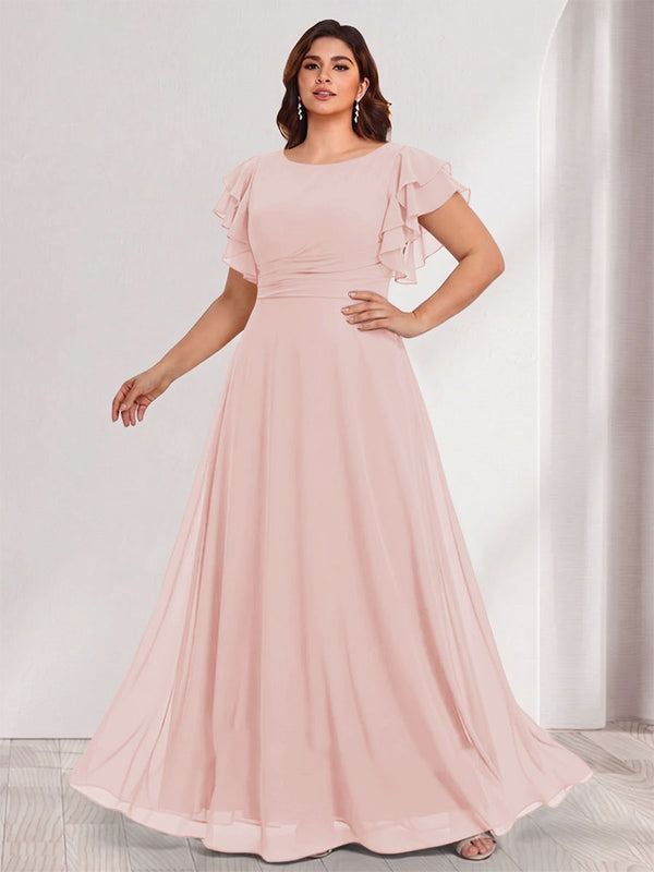 A-Line/Princess Scoop Short Sleeves Floor-Length Plus Size Bridesmaid Dresses with Ruffles & Ruched