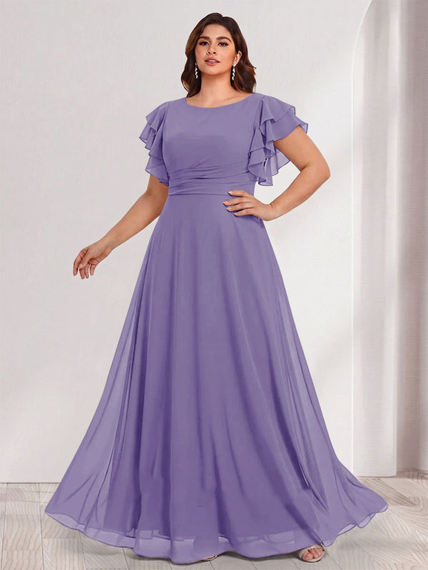 A-Line/Princess Scoop Short Sleeves Floor-Length Plus Size Bridesmaid Dresses with Ruffles & Ruched