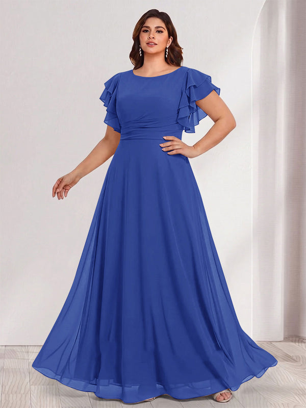 A-Line/Princess Scoop Short Sleeves Floor-Length Plus Size Bridesmaid Dresses with Ruffles & Ruched