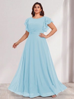 A-Line/Princess Scoop Short Sleeves Floor-Length Plus Size Bridesmaid Dresses with Ruffles & Ruched