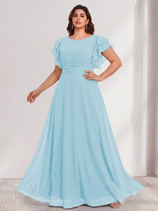 A-Line/Princess Scoop Short Sleeves Floor-Length Plus Size Bridesmaid Dresses with Ruffles & Ruched