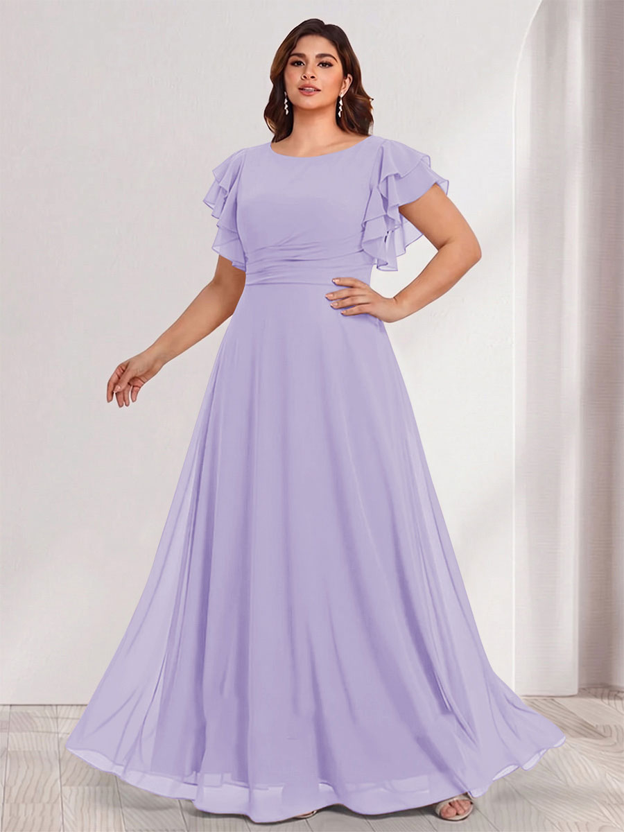 A-Line/Princess Scoop Short Sleeves Floor-Length Plus Size Bridesmaid Dresses with Ruffles &amp; Ruched