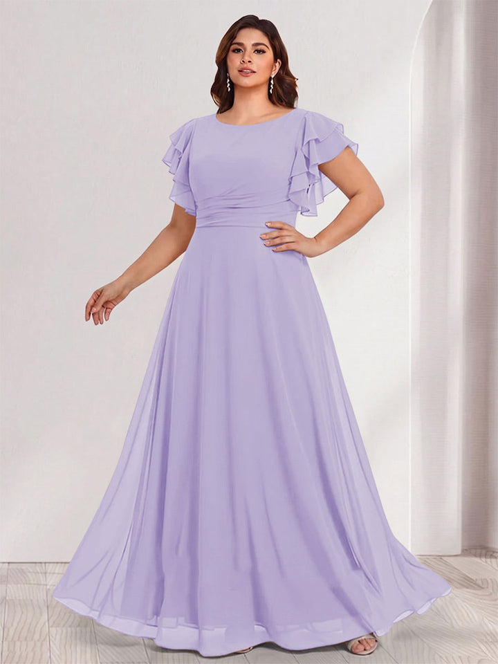 A-Line/Princess Scoop Short Sleeves Floor-Length Plus Size Bridesmaid Dresses with Ruffles &amp; Ruched